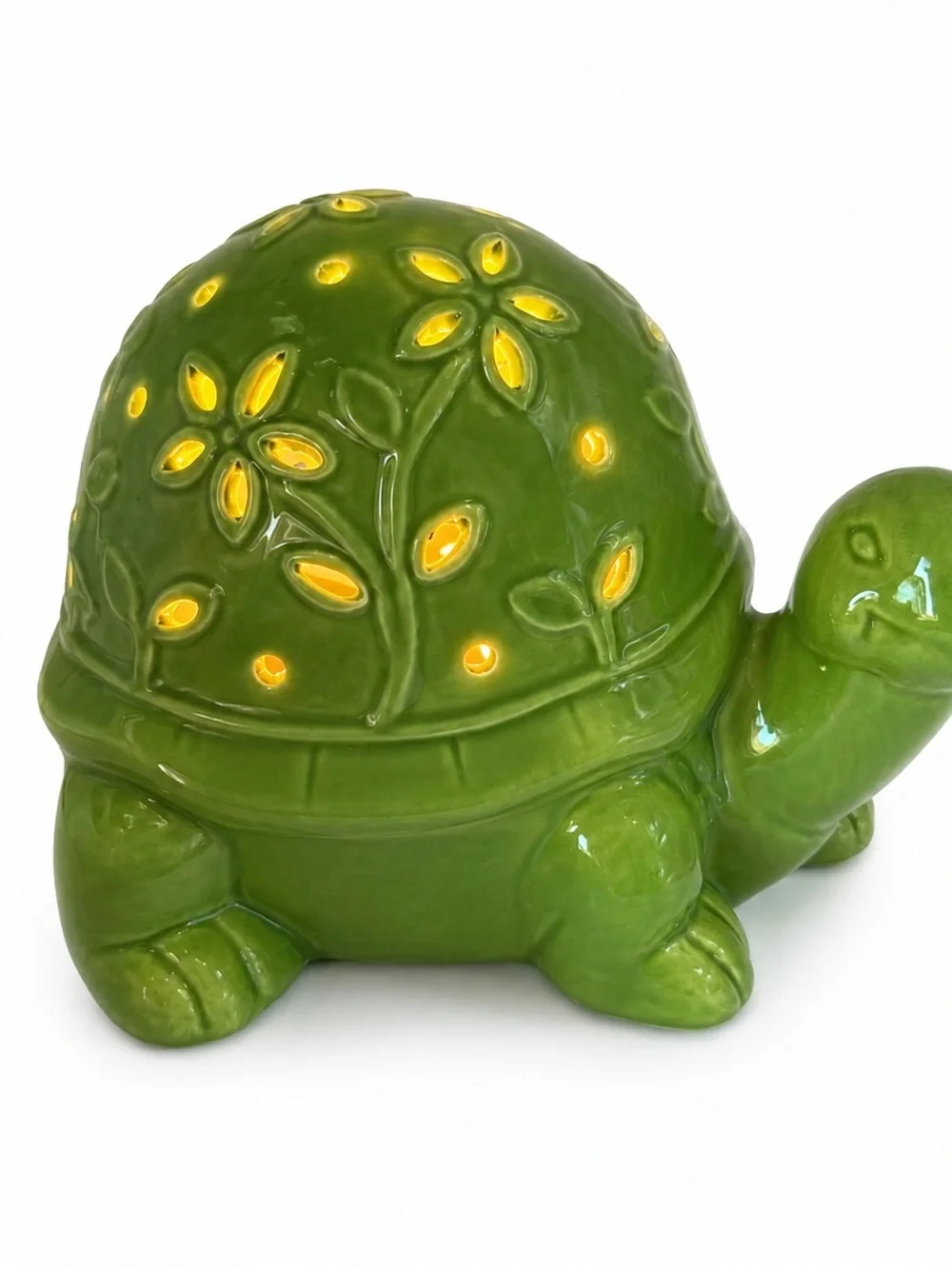 Ceramic Light-Up Garden Turtle Lantern – Green Floral Cutout Decor 9”